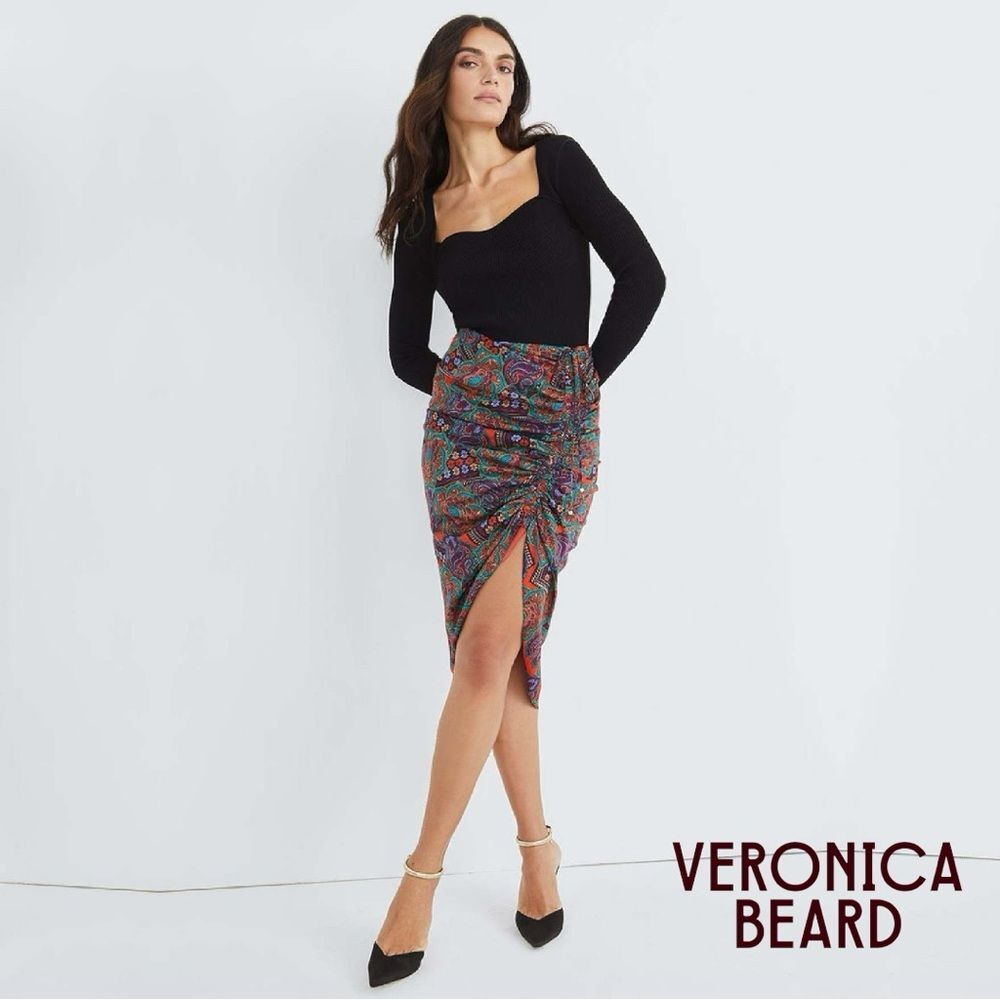 Veronica Beard **NWT** Ari Midi Skirt in Flame Red Multi Paisley Print